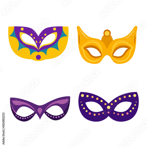 Collection of four decorative masquerade masks in vibrant colors and intricate designs, perfect for festive celebrations