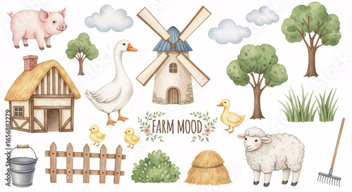 Watercolor Farm Animals and Objects Illustration Set with Pig, Goose, Duck, Sheep, Windmill, Cottage, Trees and Rustic Countryside Elements

