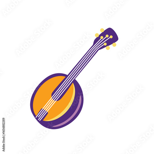 Stylized abstract musical instrument with purple body and orange soundboard, featuring white strings and yellow tuning pegs, isolated on white.