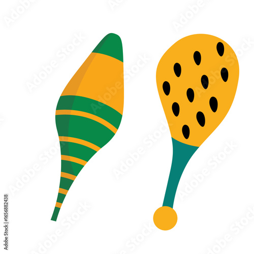 Two colorful juggling clubs with abstract patterns, one with stripes and the other with dots, isolated on a white background, representing performance and skill