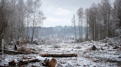 Snow covers the ground in a deforested area where trees have been cut down. Stumps and logs lay scattered, indicating significant human activity in this once dense forest.