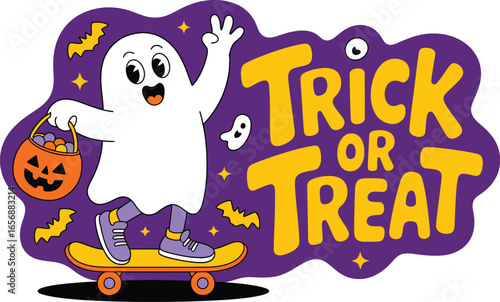 Cute ghost on skateboard with trick or treat bucket
