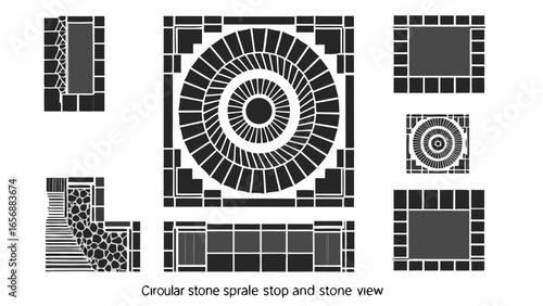 Architectural stone designs featuring circular and square elements in a structured black and white layout |  editable eps vectors silhouette