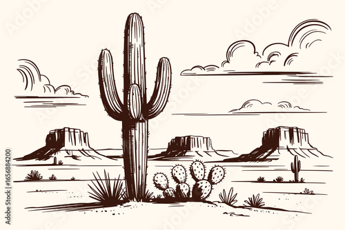 Black White Sketch Desert, Hand Drawn Cactus Landscape, Western Vintage Illustration, Cowboy Desert Style, Rustic Line Art, Classic Southwest Scene