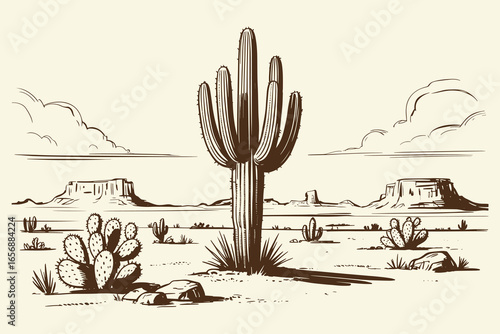 Black White Sketch Desert, Hand Drawn Cactus Landscape, Western Vintage Illustration, Cowboy Desert Style, Rustic Line Art, Classic Southwest Scene