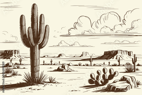 Black White Sketch Desert, Hand Drawn Cactus Landscape, Western Vintage Illustration, Cowboy Desert Style, Rustic Line Art, Classic Southwest Scene