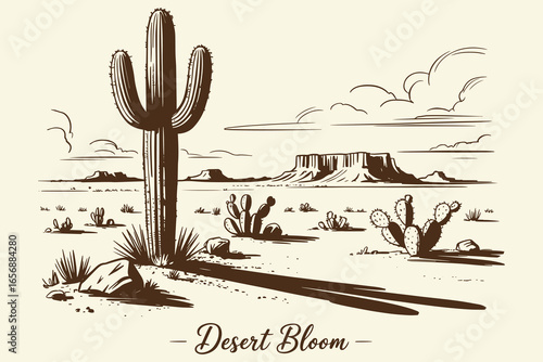 Black White Sketch Desert, Hand Drawn Cactus Landscape, Western Vintage Illustration, Cowboy Desert Style, Rustic Line Art, Classic Southwest Scene
