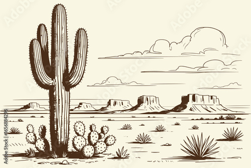 Black White Sketch Desert, Hand Drawn Cactus Landscape, Western Vintage Illustration, Cowboy Desert Style, Rustic Line Art, Classic Southwest Scene