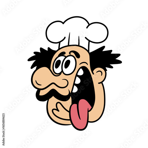 Joyful cartoon chef with mustache and toque, sticking out tongue in a funny, expressive, enthusiastic culinary celebration
