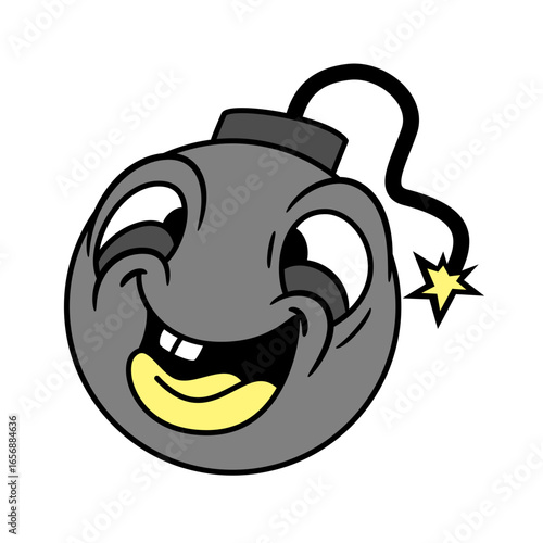 Joyful cartoon bomb with burning fuse and wide grin, radiating explosive happiness and energetic fun.