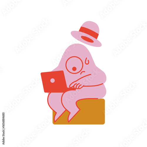Stressed character overwhelmed by work tasks sits with laptop, feeling anxious and tired.