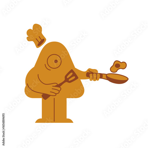 Whimsical chef character joyfully flipping a fried egg in a pan, perfect for culinary fun and food-themed projects