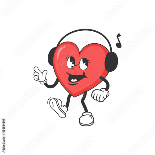 Joyful cartoon heart character with headphones dancing to music, radiating happiness and vibrant energy for your creative projects.