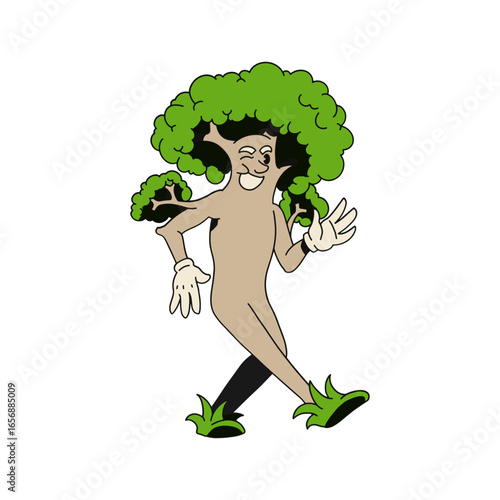 Joyful cartoon tree character with lush green foliage happily walking and waving with a friendly wink