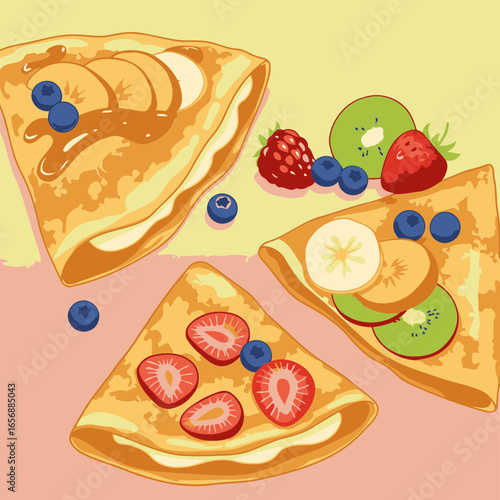 Deliciously illustrated fruit-topped crepes displayed in a vibrant arrangement. A variety of fresh fruit slices adorn three golden-brown crepe triangles, arranged casually on a pastel background.