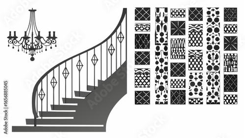 Illustration of a staircase with a chandelier and decorative panels in black and white color scheme |  editable eps vectors silhouette