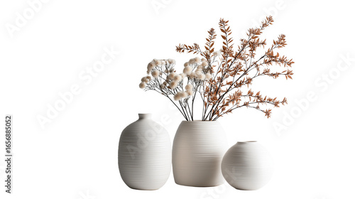 modern ceramic vase with dry flowers, isolated on white background png 