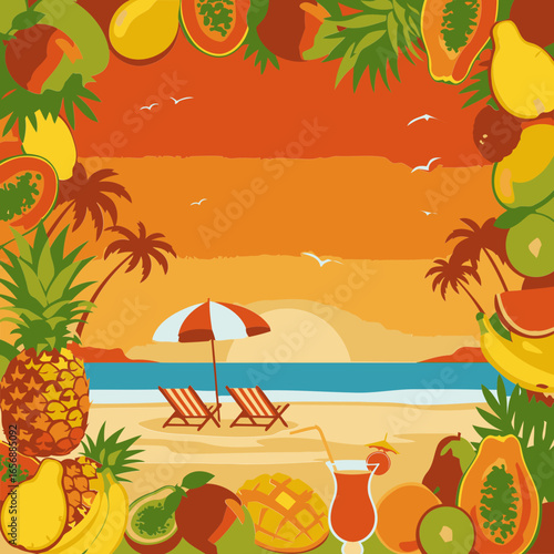 Tropical fruit paradise at sunset beach scene with chaise lounges and cocktail. Colorful fruit arrangement with idyllic vacation setting.