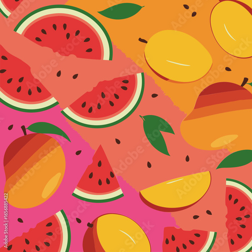 Fruit slices pattern with vibrant colors and a summery theme. Display of watermelon, mango, and peach slices in various positions, creating a visually appealing design.