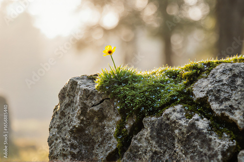 Yellow flower growing among moss on rocks