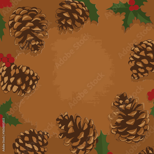 Pine cone and holly graphic design elements on a textured background. Decorative arrangement with Christmas motifs. Holiday design element. No specific location -