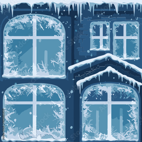Frozen windows on a dark-blue brick house during a winter storm. Frost-covered windows on a residential building with icicles, showing a severe winter scene.