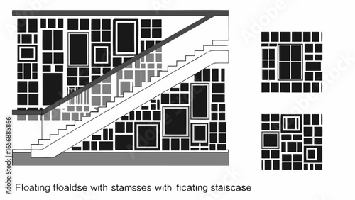 Illustration of a staircase with a wall decorated with rectangular frames and additional frame examples |  editable eps vectors silhouette