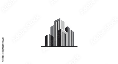A black and white geometric logo of five abstract buildings