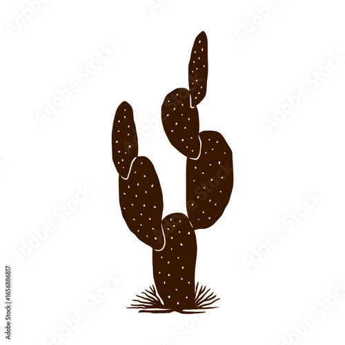 A stylized brown prickly pear cactus with white dots stands tall with a few pads branching out from its main stem, rooted in dry ground.