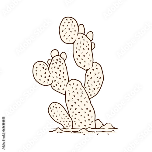 Stylized prickly pear cactus with a simple line art design and a light tan fill, isolated on a white background