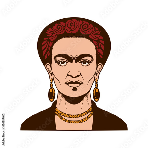 Artistic portrayal of a woman with a floral headdress and ornate jewelry, featuring bold lines and a striking, iconic appearance.