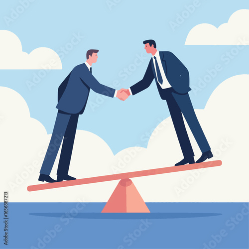 Two businessmen shaking hands on a seesaw symbolizing business agreement