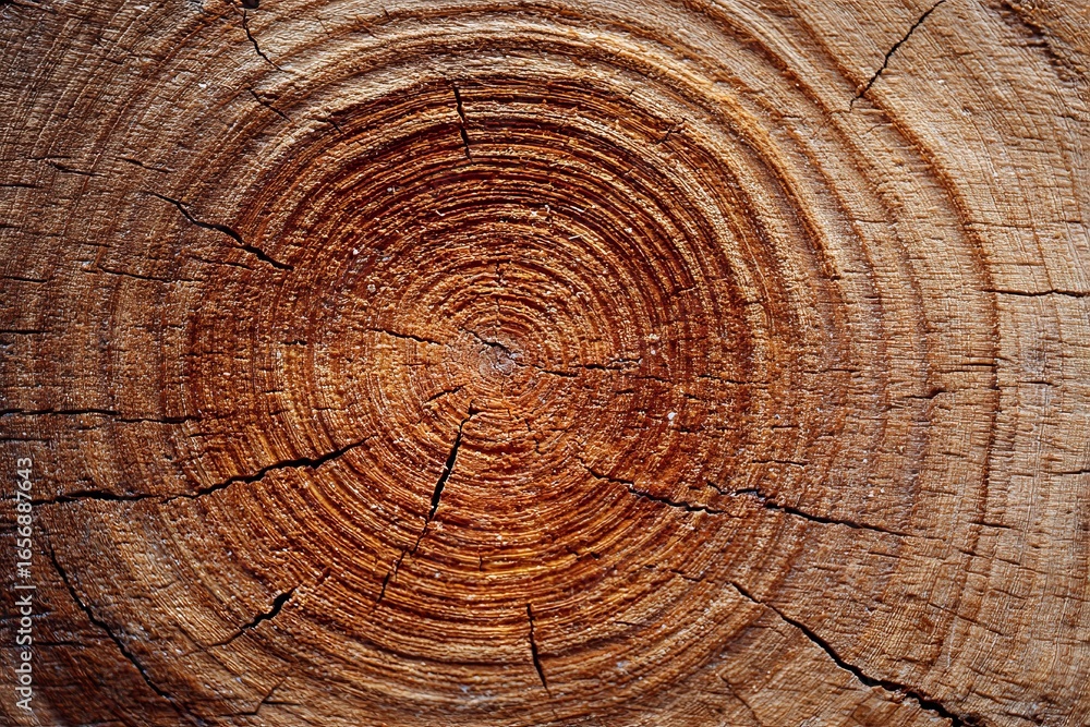 Naklejka premium Close-up view of a wooden tree stump reveals intricate growth rings and deep cracks. The natural patterns highlight the age and beauty of the wood, set against a serene forest background.
