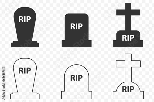 Gravestone and Tombstone Silhouette Vector Set – Cemetery and RIP Icons Collection on Transparent Background. EPS 10.