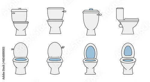 Different types of toilets in various positions and styles shown