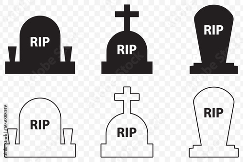 Gravestone and Tombstone Silhouette Vector Set – Cemetery and RIP Icons Collection on Transparent Background. EPS 10.