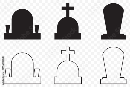 Scary Graveyard Silhouette Pack – RIP Tombstone Vector Icons on Transparent Background. EPS 10.