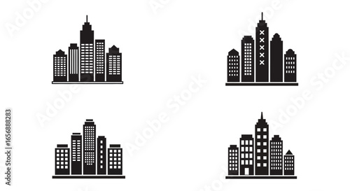 City skyline buildings in black and white silhouette style