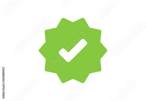 Green badge icon with white tick mark symbolizing verified, certified, or approved quality. Great for labels, awards, and achievements