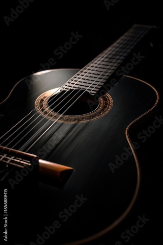 Close up of black acoustic guitar