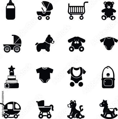 Collection of baby related icons including strollers toys and clothing in a black and white style