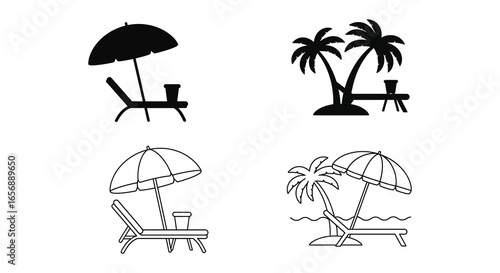 Beach scenes with umbrellas and palm trees in black and white