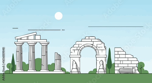 Ancient Ruins in a Verdant Landscape Minimalist Style Temple and Arch Structures Against a Blue Sky Representing Historical Landmarks and Cultural Heritage
