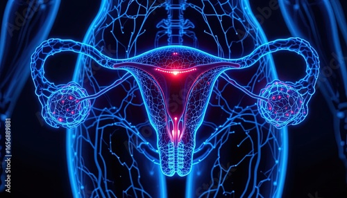 Detailed 3D illustration of the female reproductive system, highlighting the ovaries and fallopian tubes with intricate network displays.
