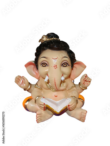 Vibrant close-up photo of Baby Lord Ganesha statue, Hindu elephant deity remover of obstacles. Intricate gold crown with pearls/gems, jewelry-adorned, seated with symbolic items, mouse vahana