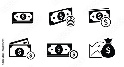 Black and white icons of money and financial symbols