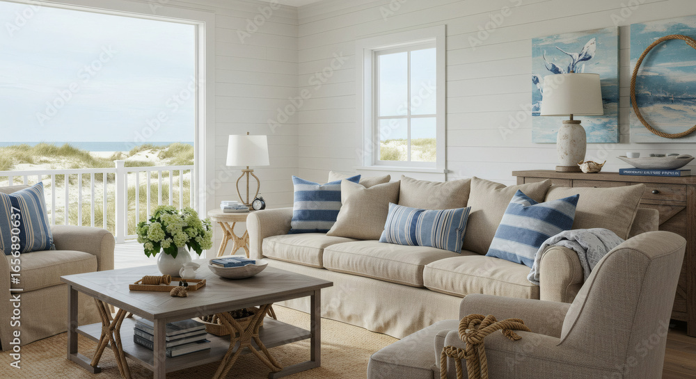 Fototapeta premium Hamptons-style coastal living room, white shiplap walls, a large comfortable linen sofa in beige, blue and white striped accent pillows, nautical rope details, a view of the ocean and sand dunes from 
