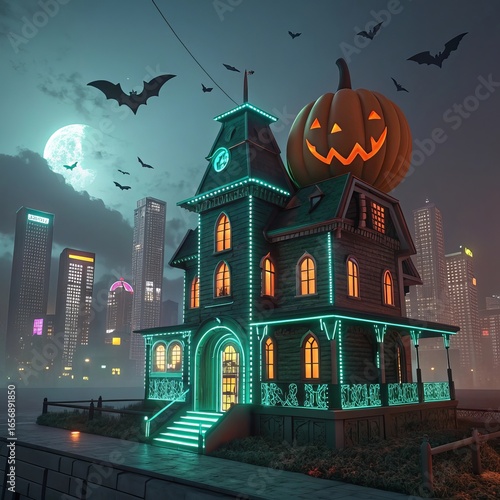  futuristic haunted mansion with neon lights for halloween