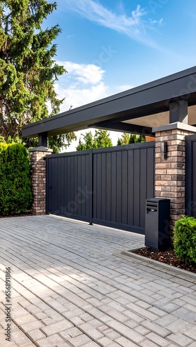 Modern home driveway entrance with a dark gray gate
