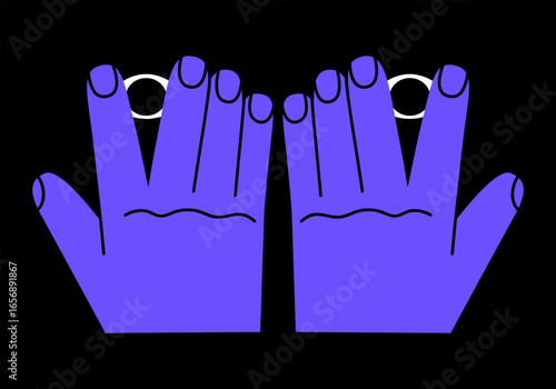 Hand drawn cute cartoon illustration of eyes looking through fingers. Flat vector searching or watching between hand sticker doodle. Scary or fear icon. Hiding face in arm. Isolated.